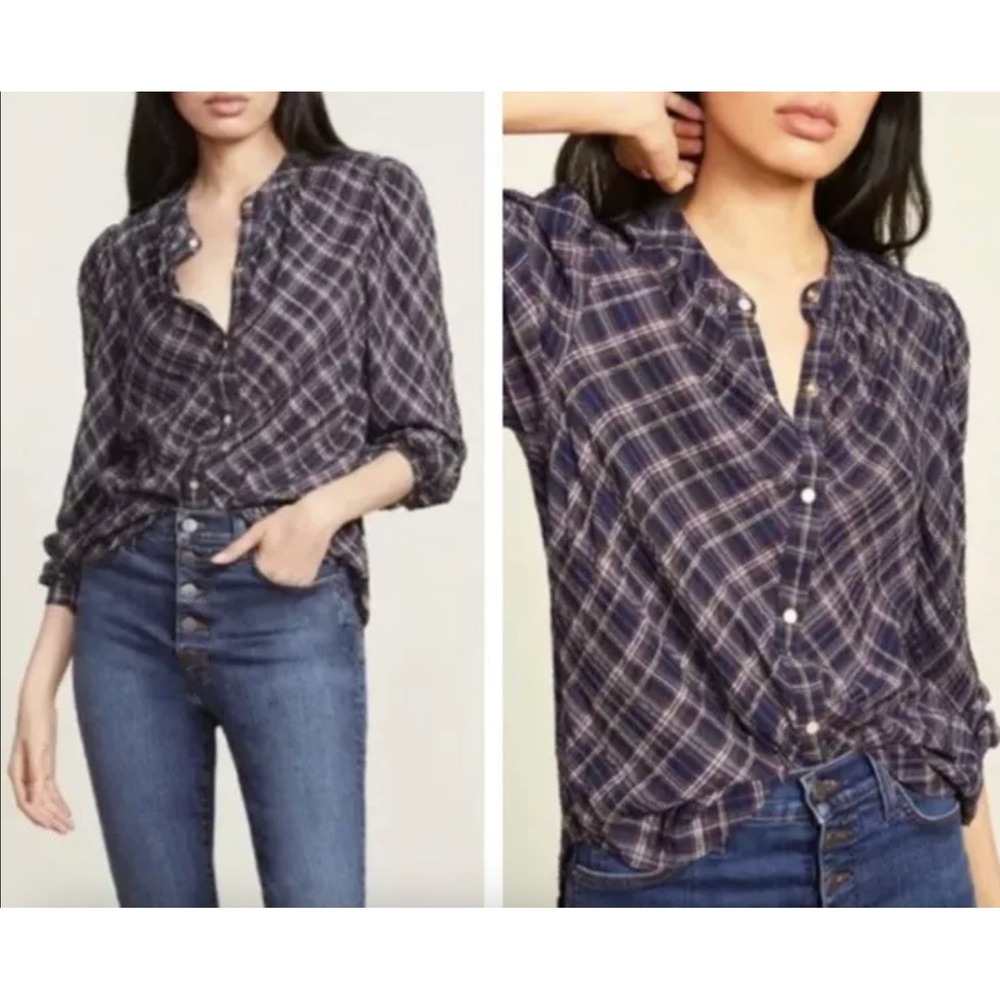 Veronica Beard Sz 4 Ashlynn Plaid Button Up Blouse Navy Blue Pearl Snap Academia